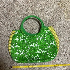 Printed cotton ring handle bag green white and yellow